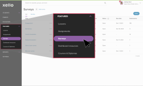 Left menu in Xello's educator tools with Features open. Cursor is hovering over Surveys